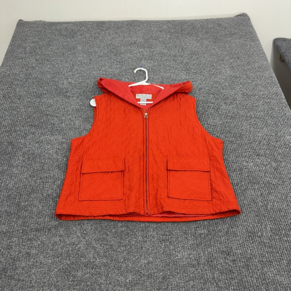 Real Comfort Vest‎ Womens XL Red Silk Quilted Hooded Full Zip Casual Gorpcore